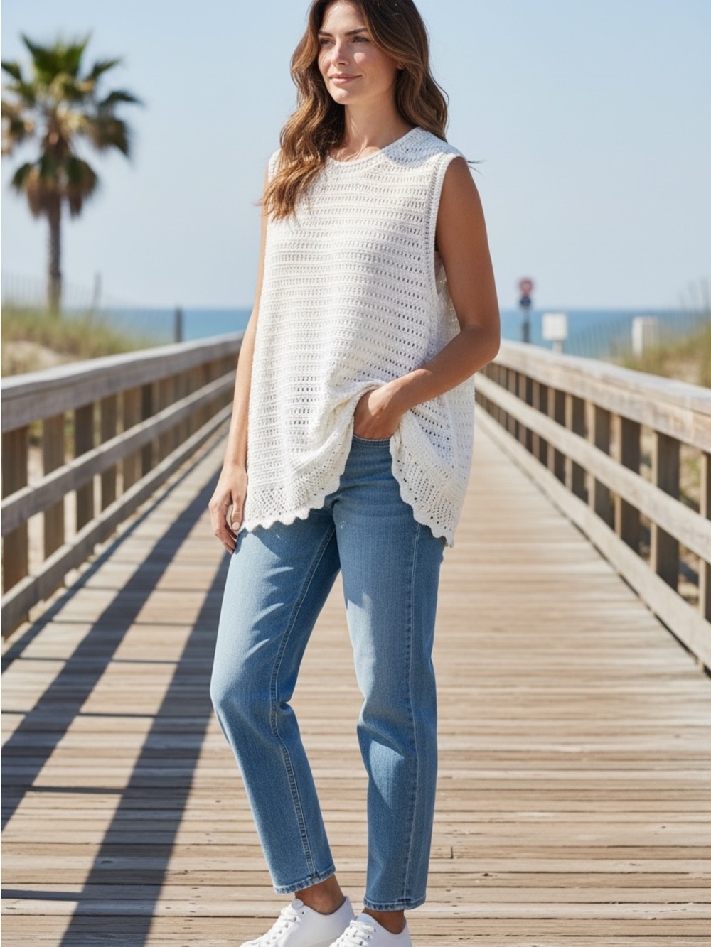 100% cotton J. Crew white Crochet Sleeveless Tank, coastal, open knit